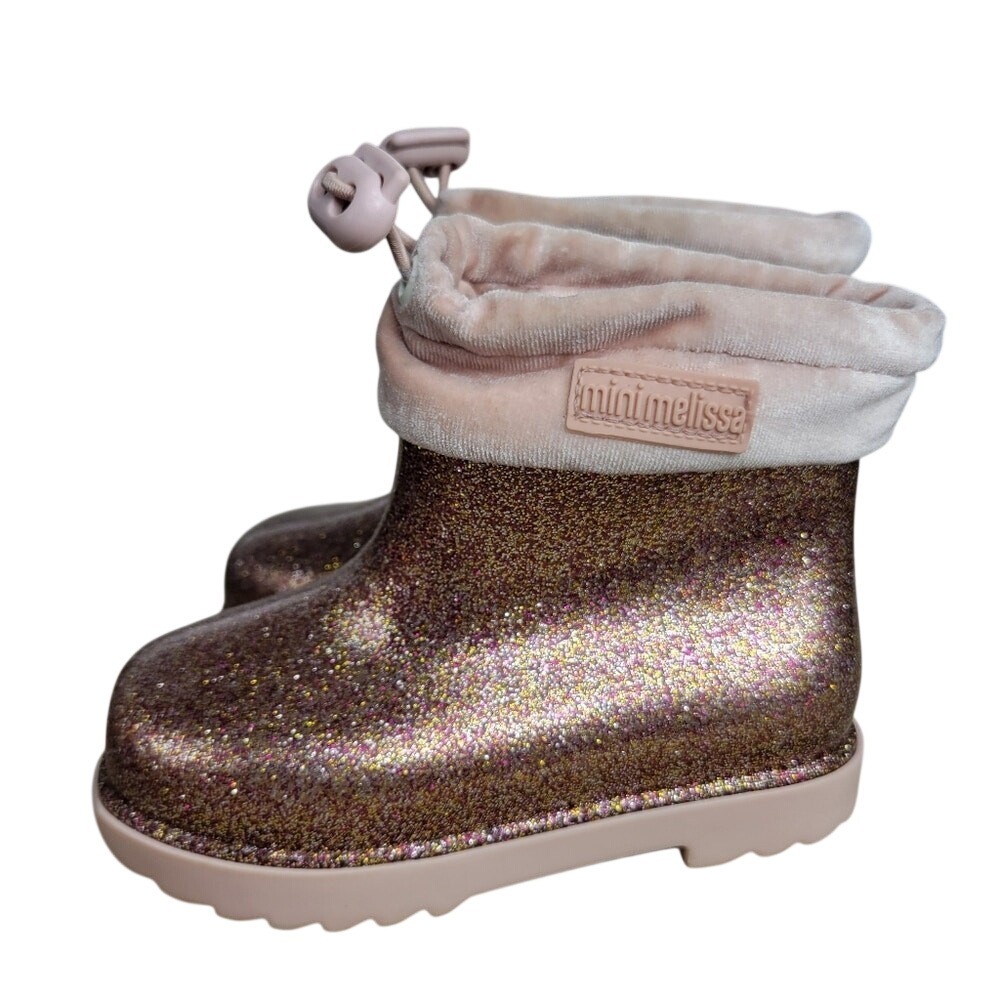 Mini Melissa Boots Girls Size 9 Sparkle Pink Pull On Comfort Stretch Rain Shoes
